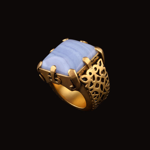 Anel de ágata banhado a ouro feito à mão com fita azul e prata