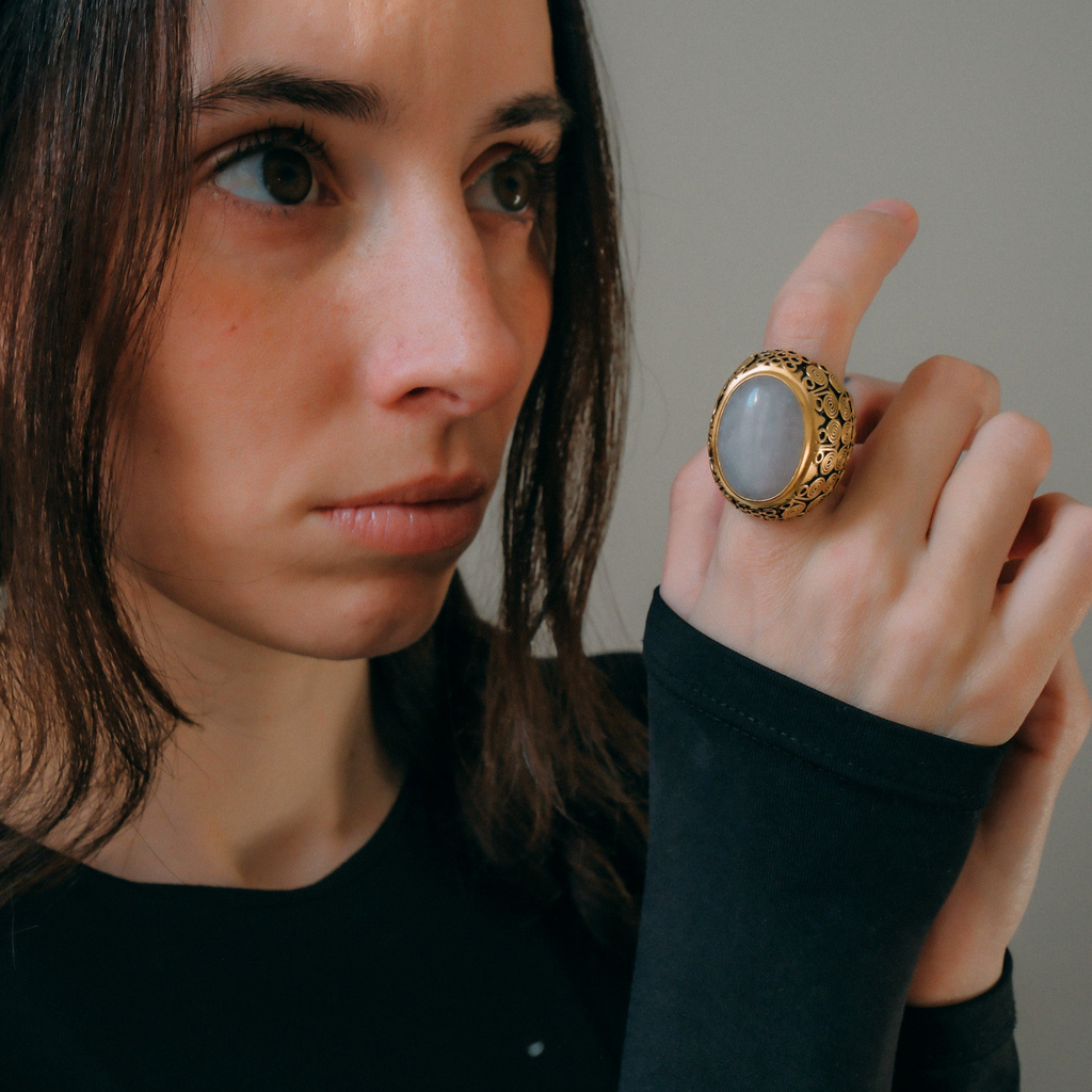 Ethnic silver and rose quartz ring