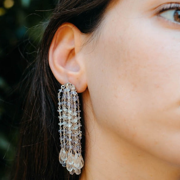 Pendientes hechos a mano con 12 vueltas de amatista, aguamarina y cuarzo engarzados en plata y rematadas con lagrimas de cristal de roca natural facetado. La parte superior es de plata de ley con presion. Longitud 8 cm Peso del par 29 g. Pendientes de plata y piedras semipreciosas. Piezas unicas by Lula Maiz. Envio gratuito a Peninsula y Portugal.Earrings hand made in silver with 12 strands with amethyst, aquamarine, and quartz. . One of a kind by Lula Maiz